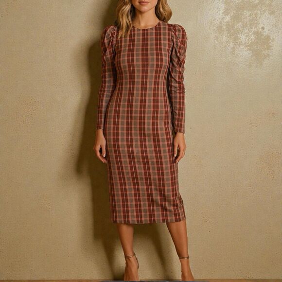 Tanya Taylor Burgundy Plaid Puff Sleeve Midi Dress Womens L Holiday Preppy - Picture 1 of 13